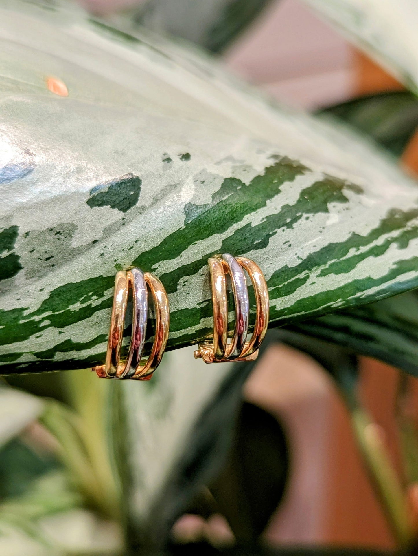 Photo of Line Clip Earrings in a decorative scene, designed by , available at Plumb Gold & Plumb Silver