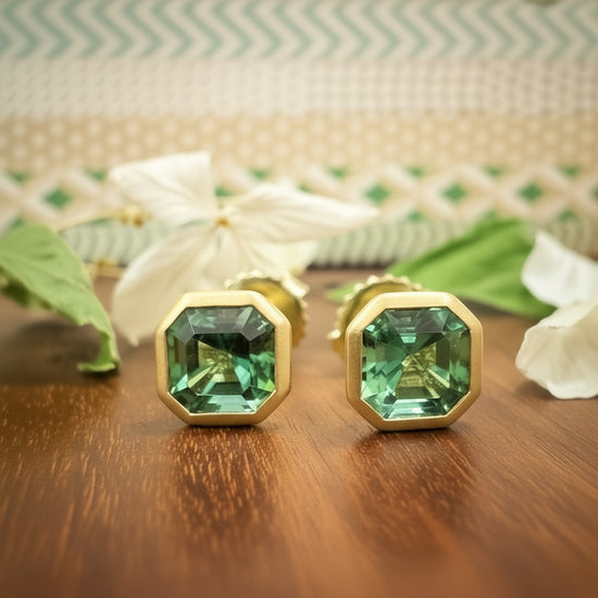 Asscher Cut Green Tourmaline Studs