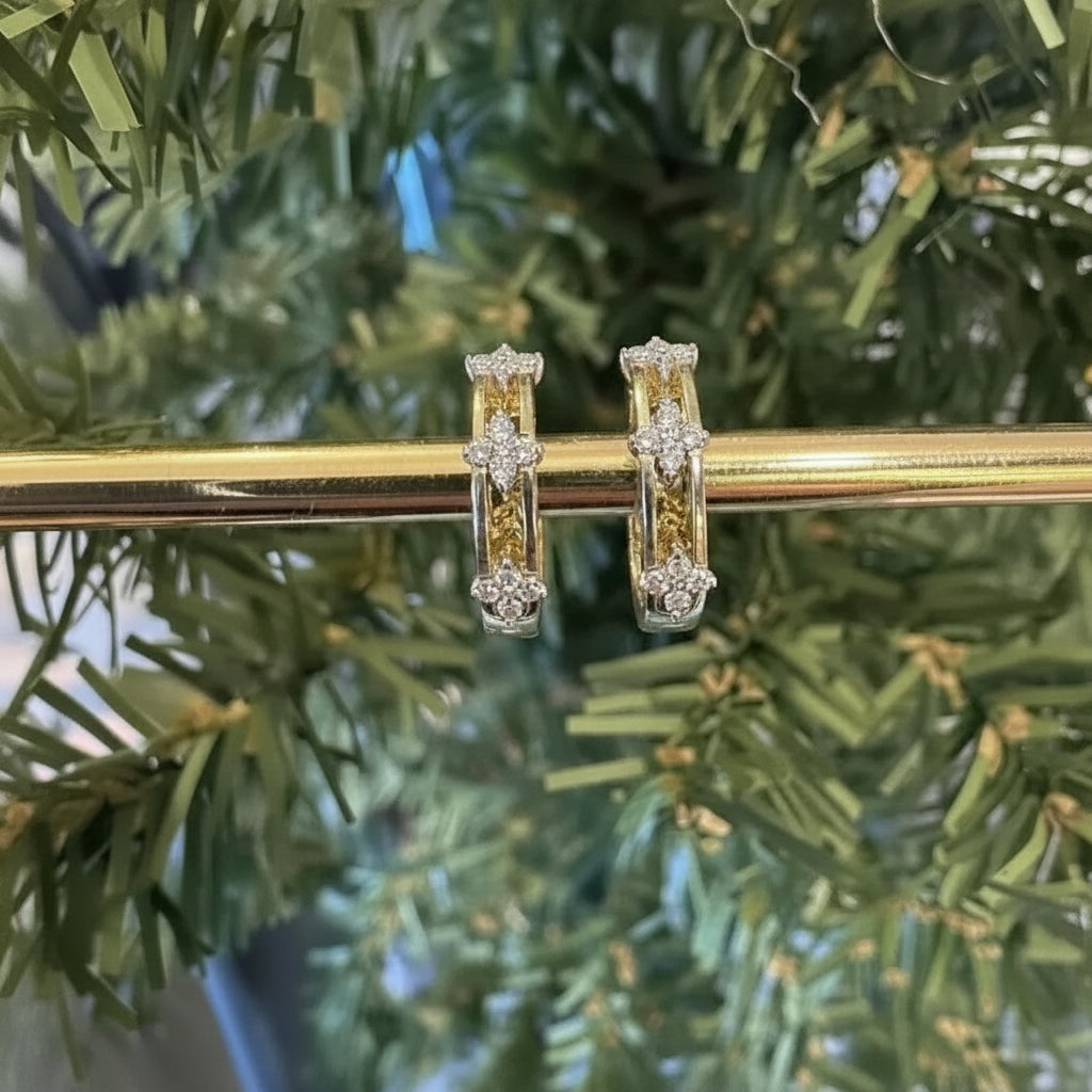 14K Two Tone Quatrefoil Diamond Hoops - .24ctw