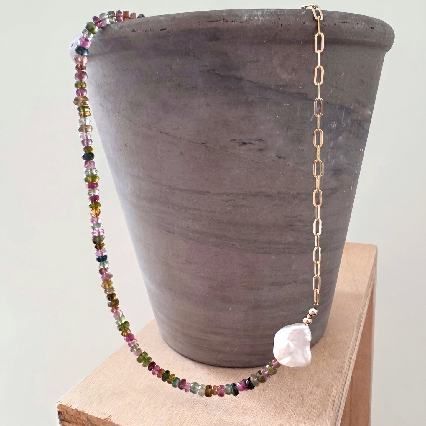 Tourmaline Bead Keshi Pearl Chain Necklace
