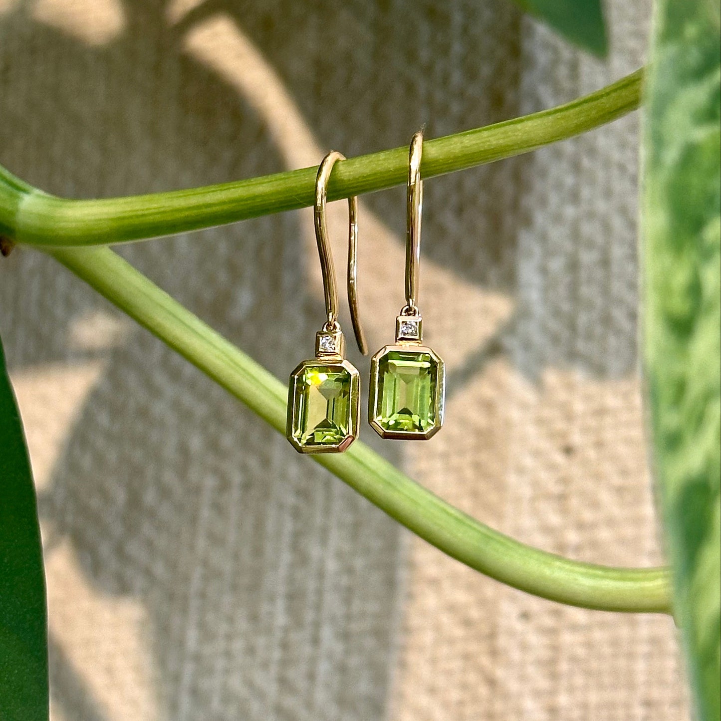 Emerald Cut Bezel Peridot Dangles