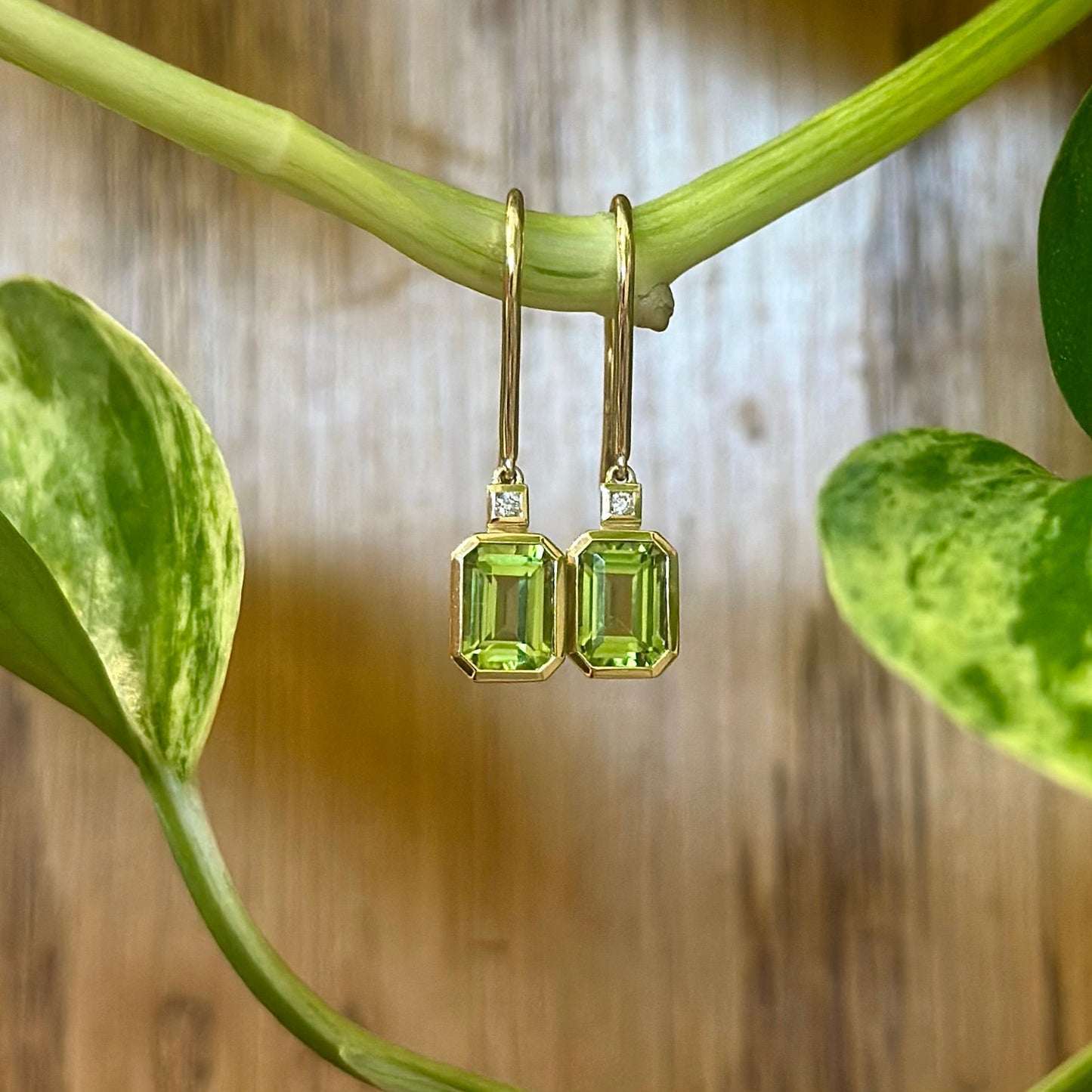 Emerald Cut Bezel Peridot Dangles