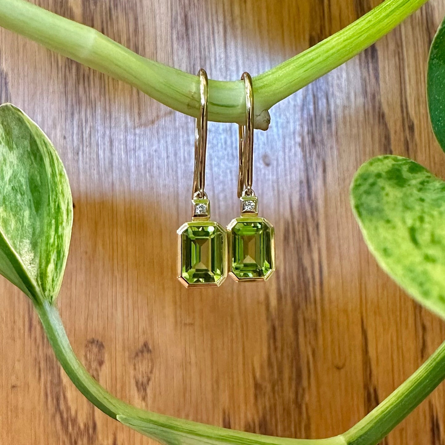 Emerald Cut Bezel Peridot Dangles