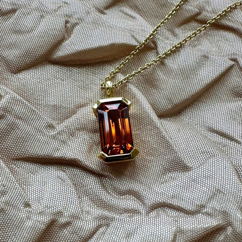 Spessartite Garnet Emerald Cut Gold Pendant
