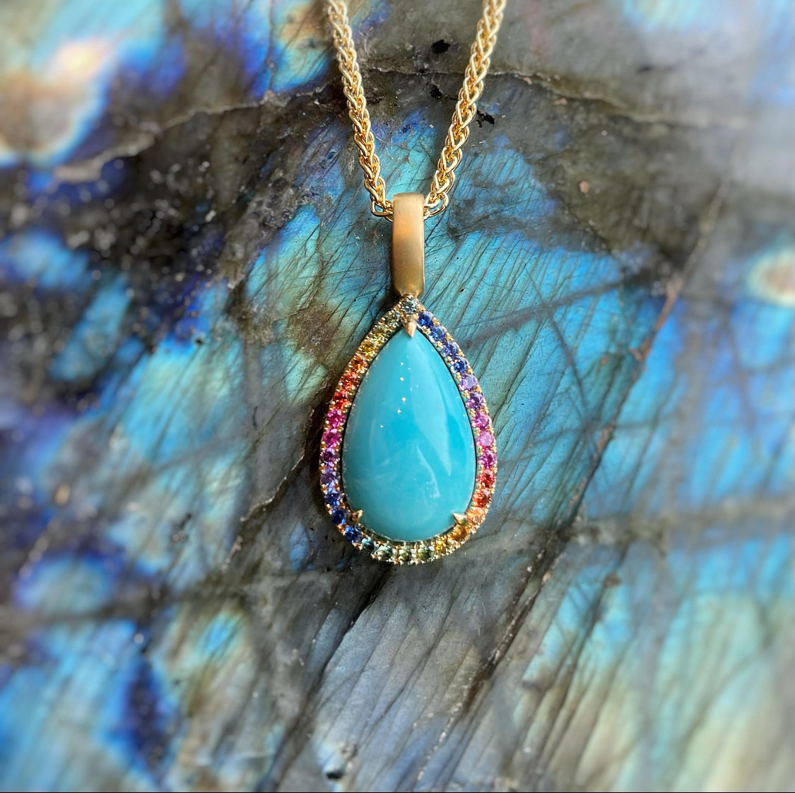 Rainbow Sapphire Halo Turquoise Pendant – Plumb Gold Plumb Silver