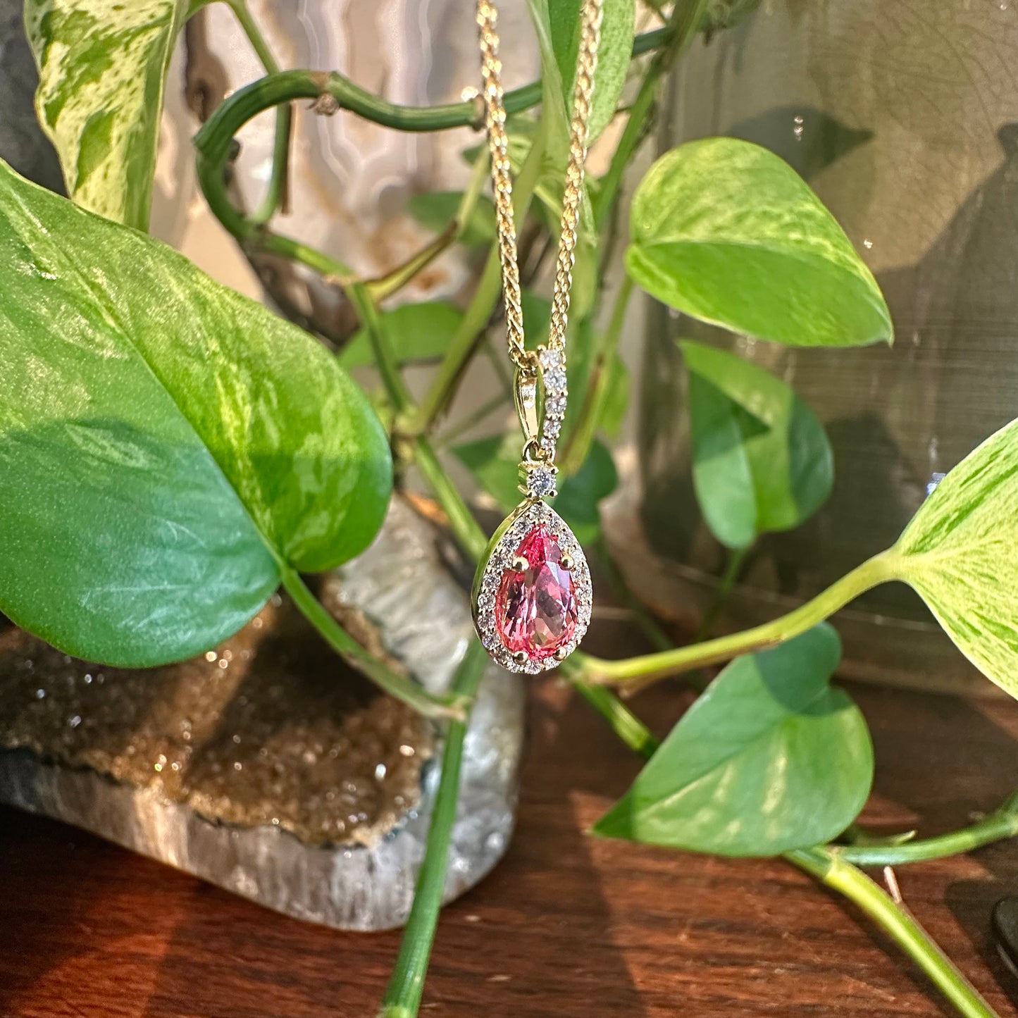 Vibrant Peach Sapphire Halo Pendant