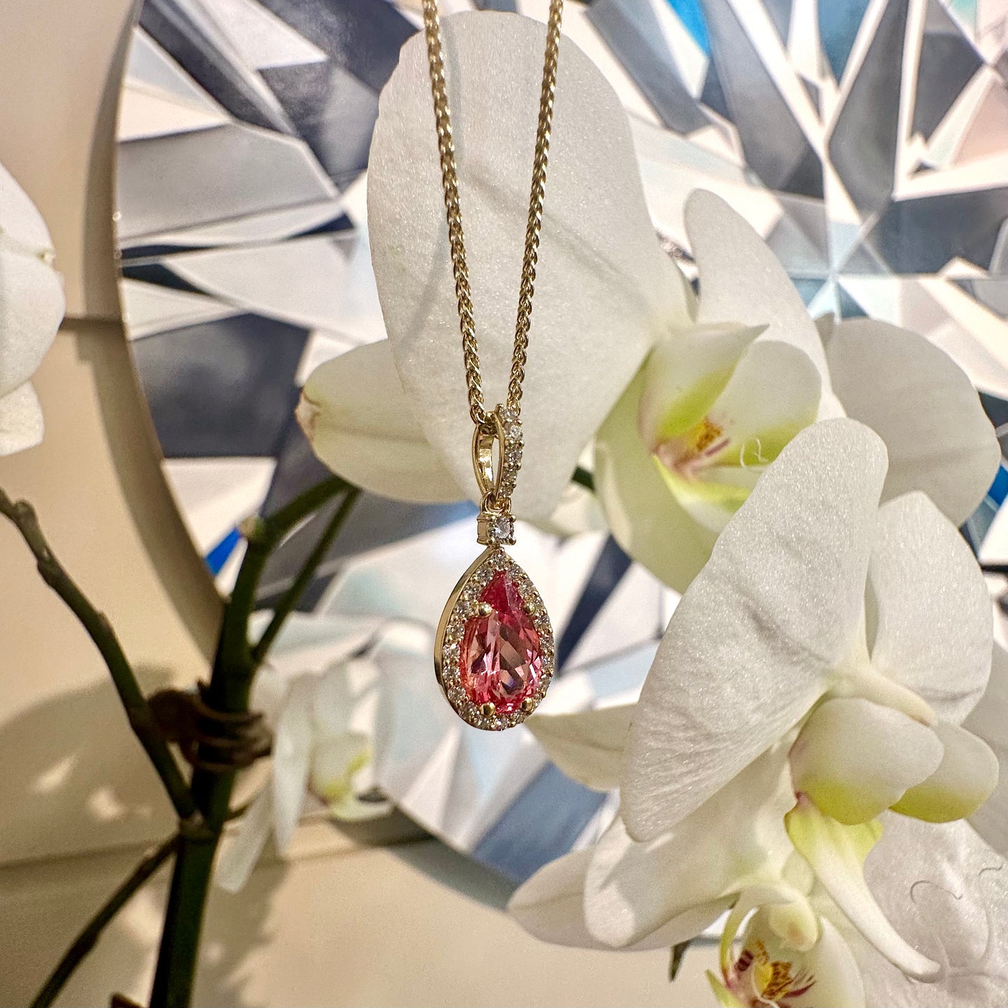 Vibrant Peach Sapphire Halo Pendant
