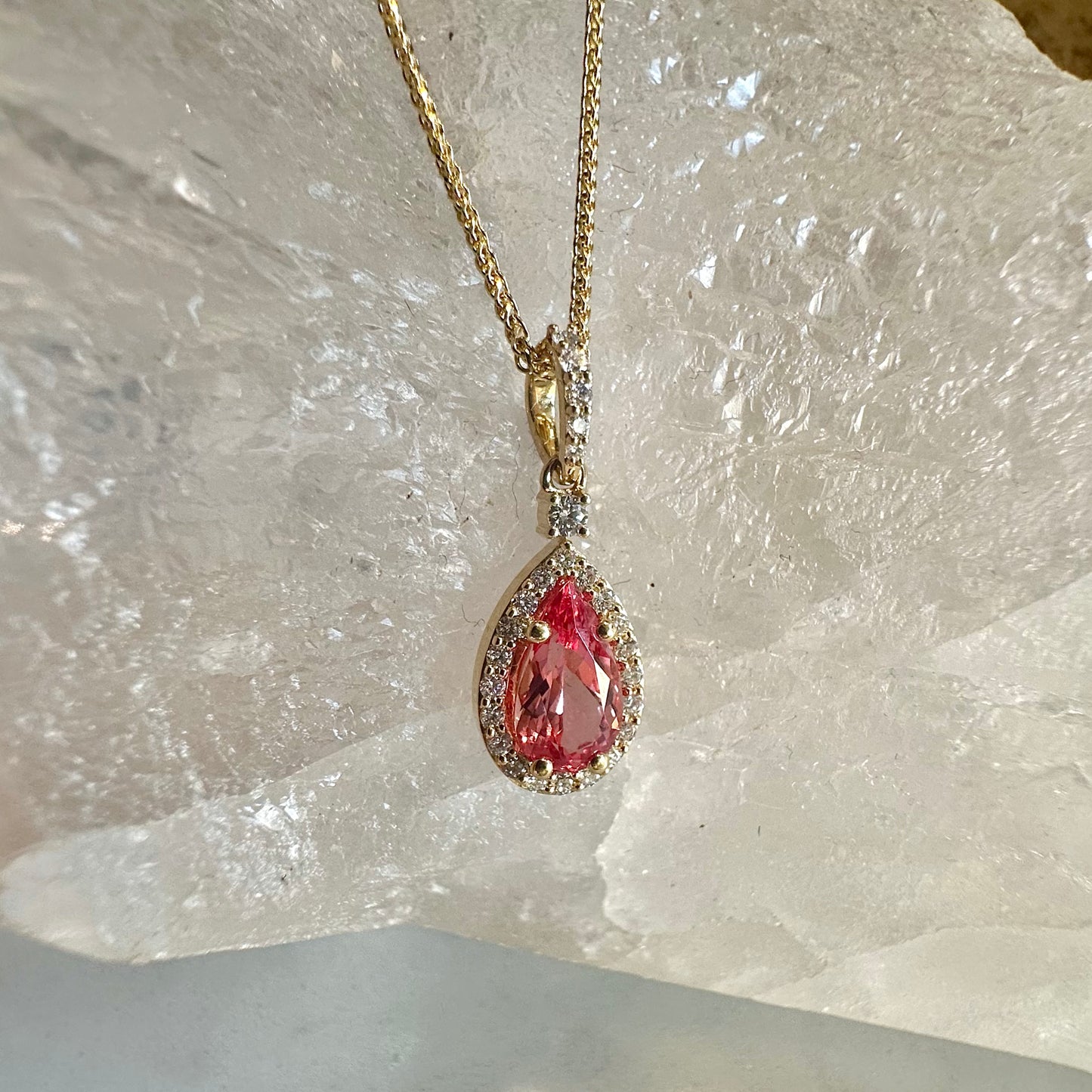 Vibrant Peach Sapphire Halo Pendant