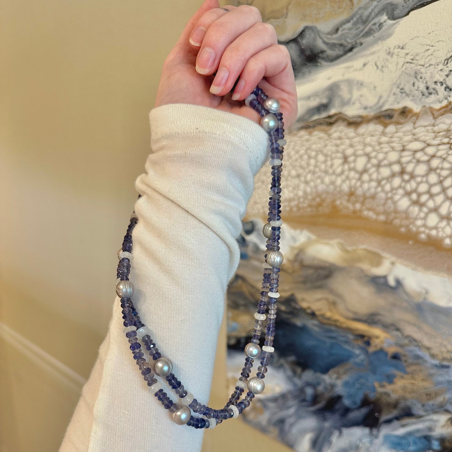 Iolite Moonstone Pearl Bead Strand