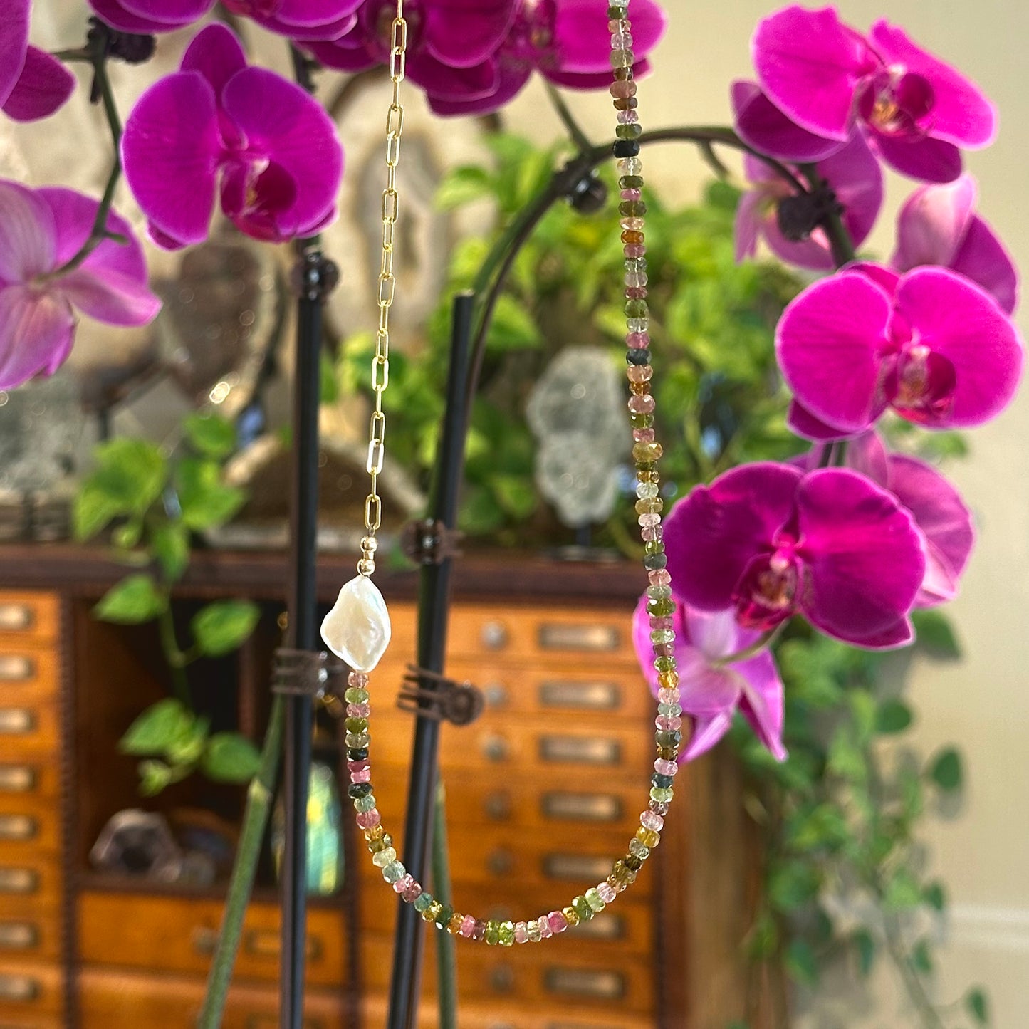 Tourmaline Bead Keshi Pearl Chain Necklace