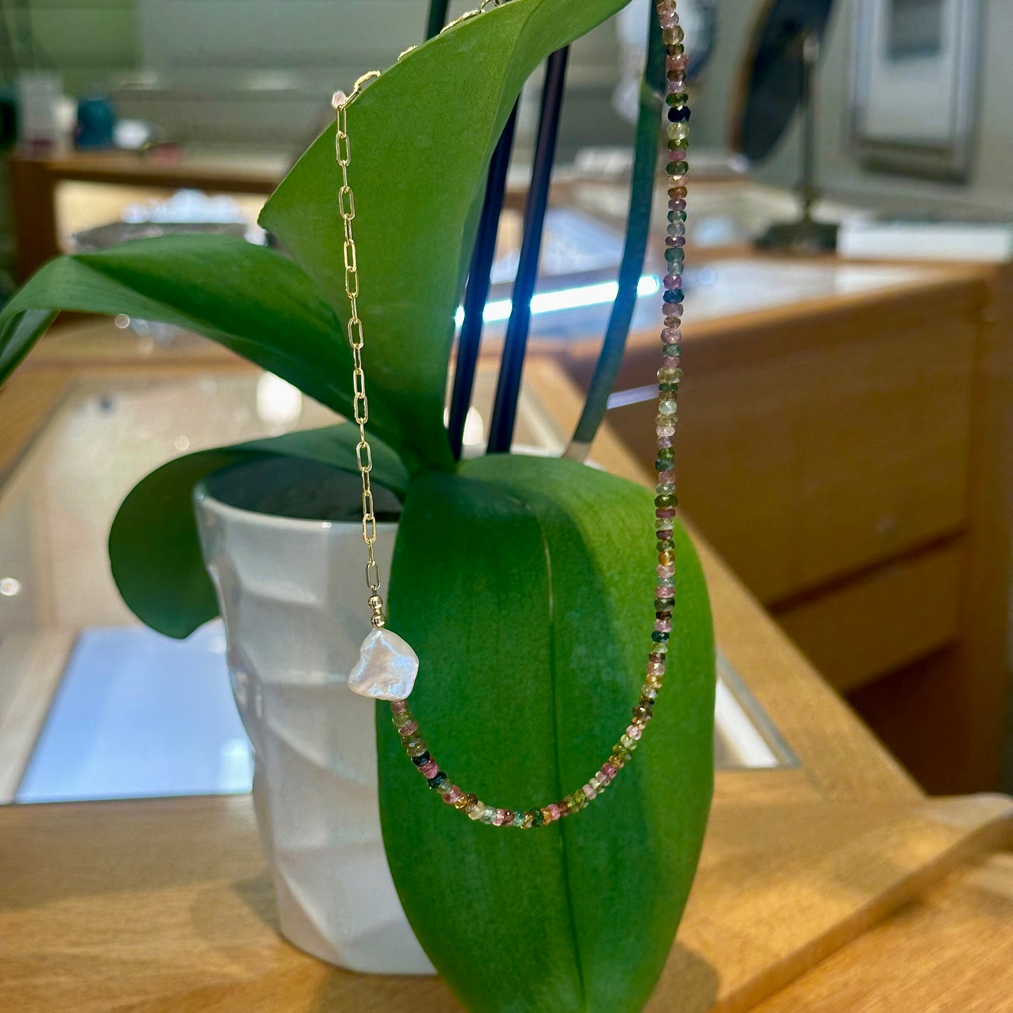 Tourmaline Bead Keshi Pearl Chain Necklace