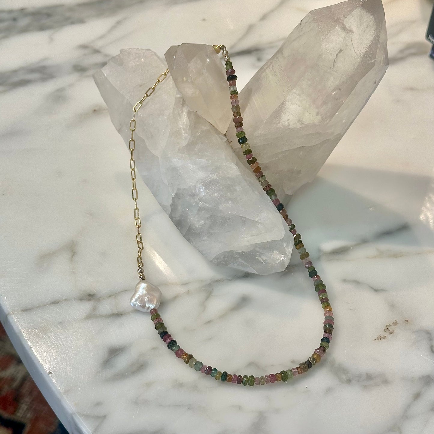 Tourmaline Bead Keshi Pearl Chain Necklace