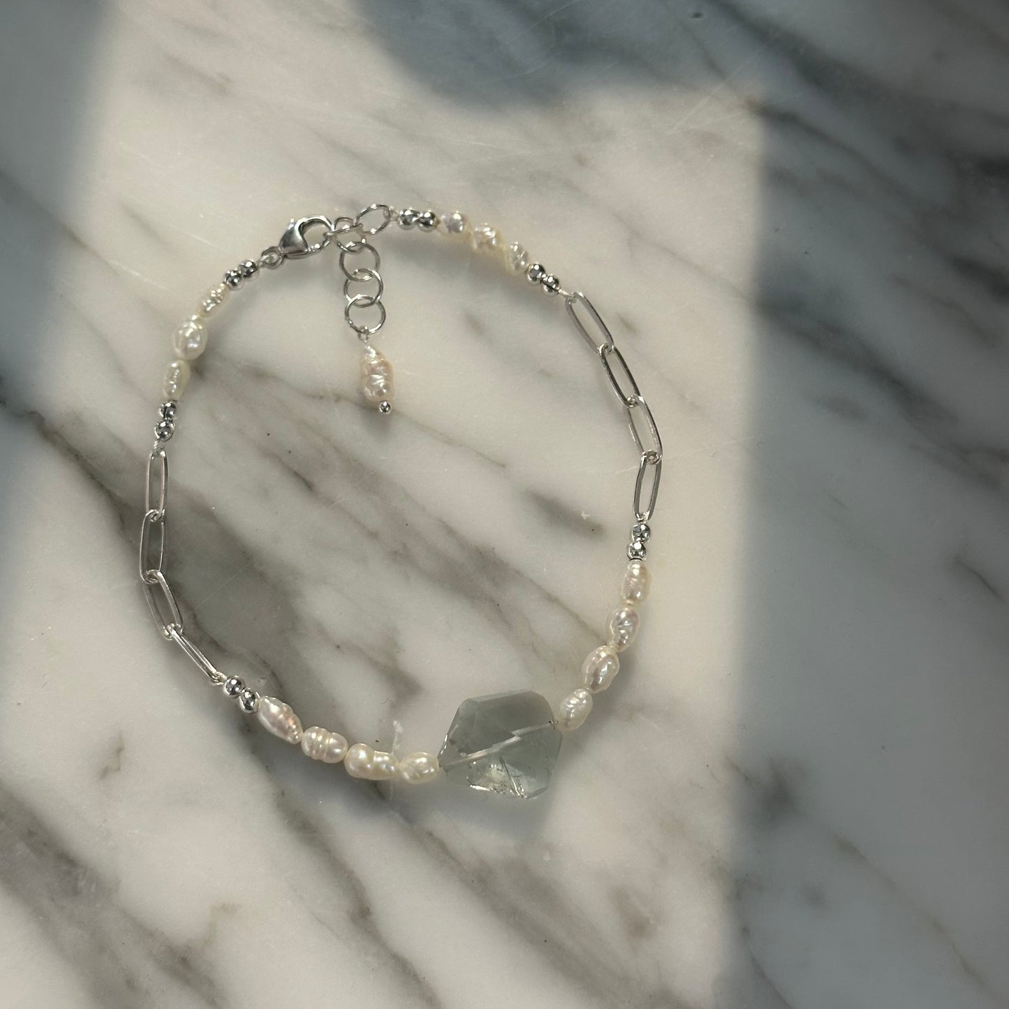 Silver Paperclip Pearl and Quartz Bracelet