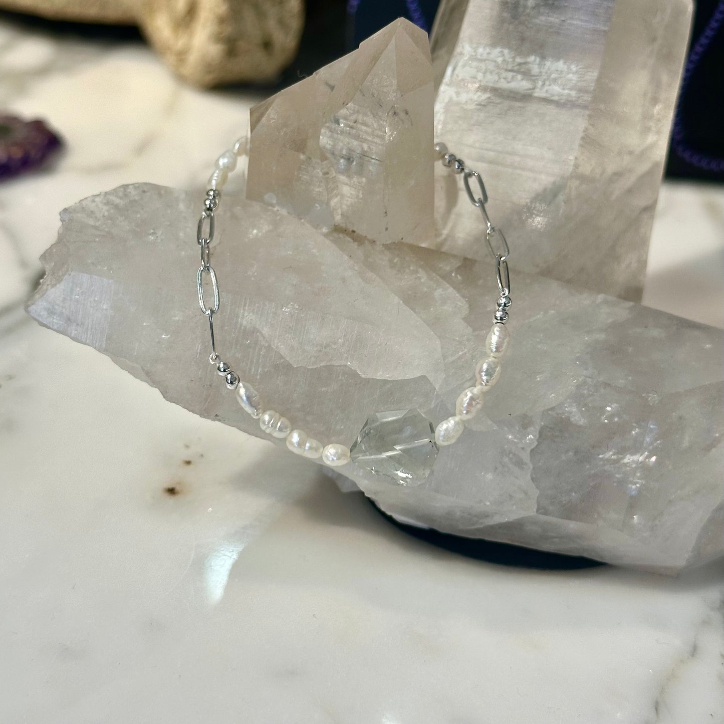 Silver Paperclip Pearl and Quartz Bracelet