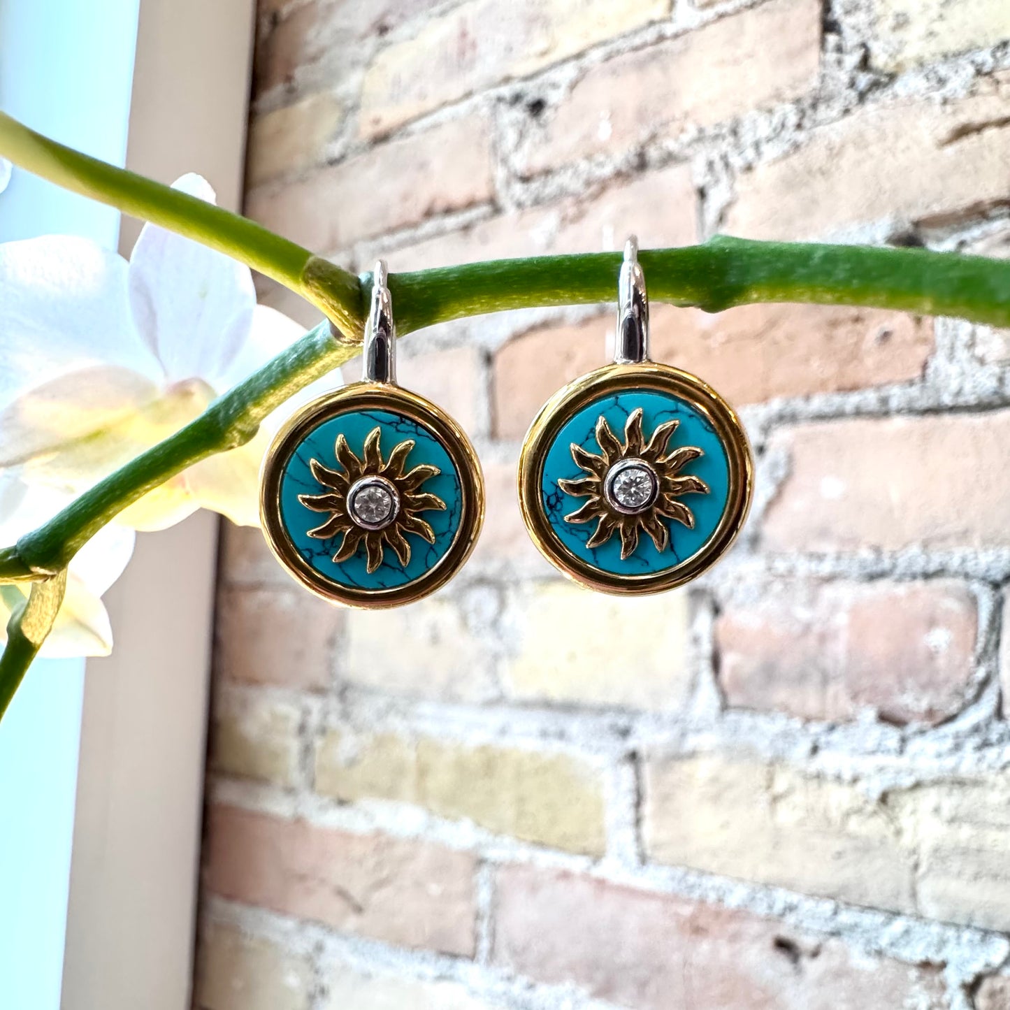 Gold Plated Sunburst Turquoise Earring
