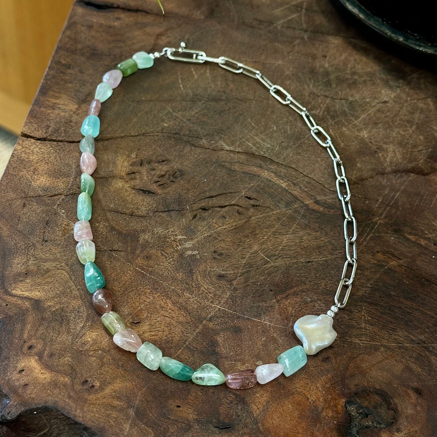 Tourmaline and Pearl Paperclip Necklace