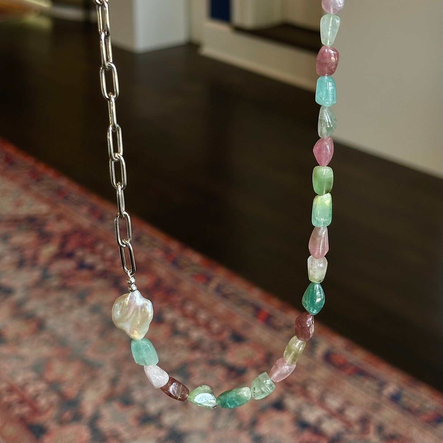 Tourmaline and Pearl Paperclip Necklace