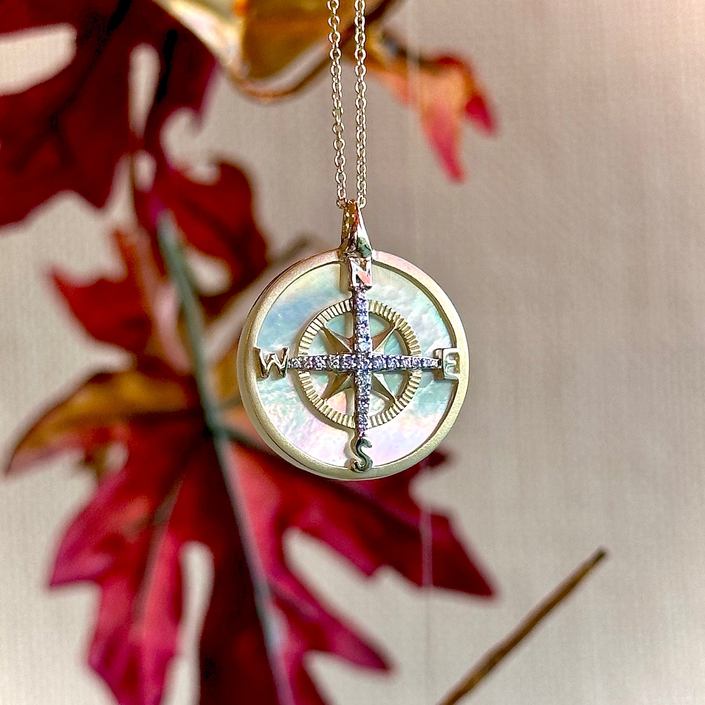 diamond, gold, and mother of pearl  compass necklace with blurred leaves in the background