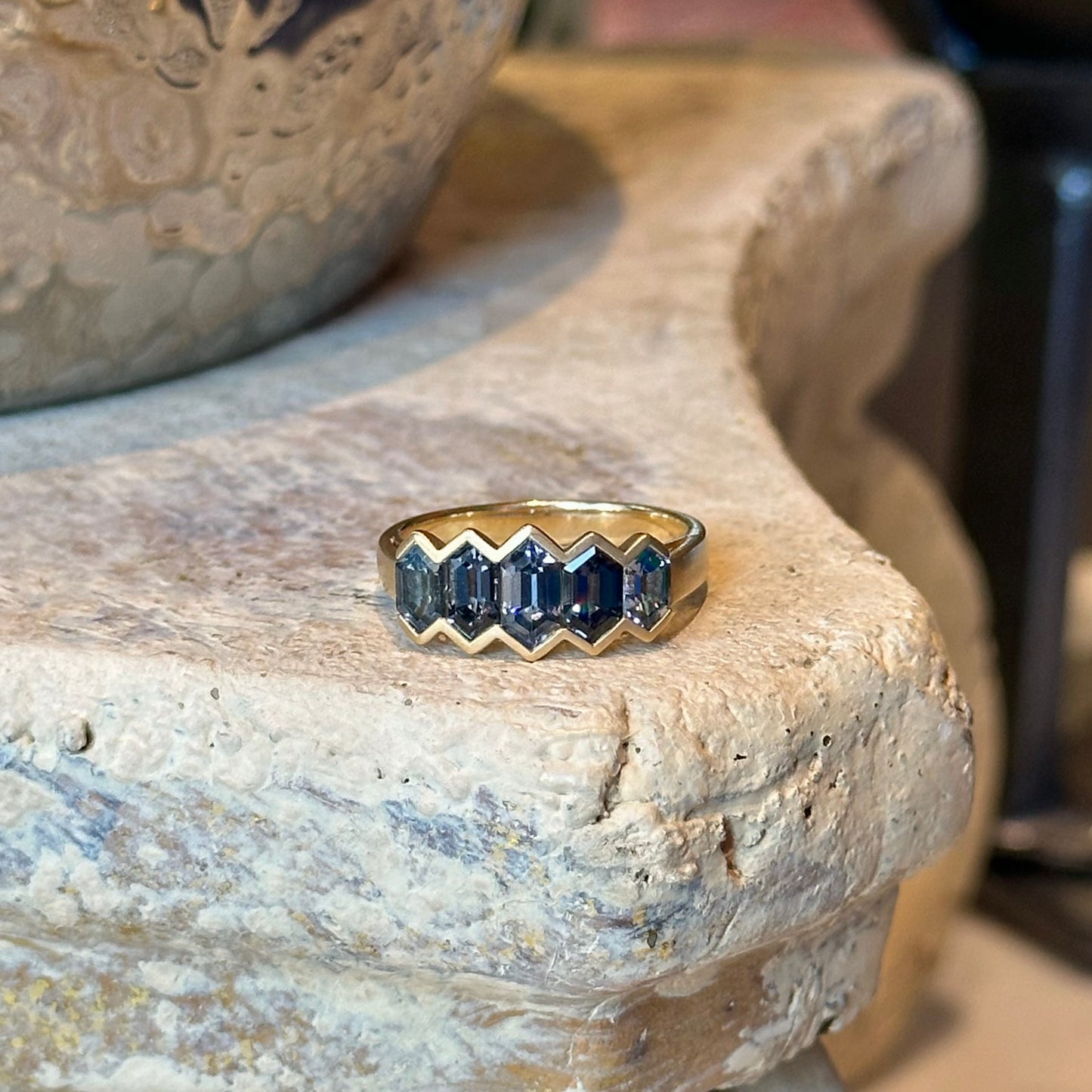 Grey Spinel Five Stone Hex Ring