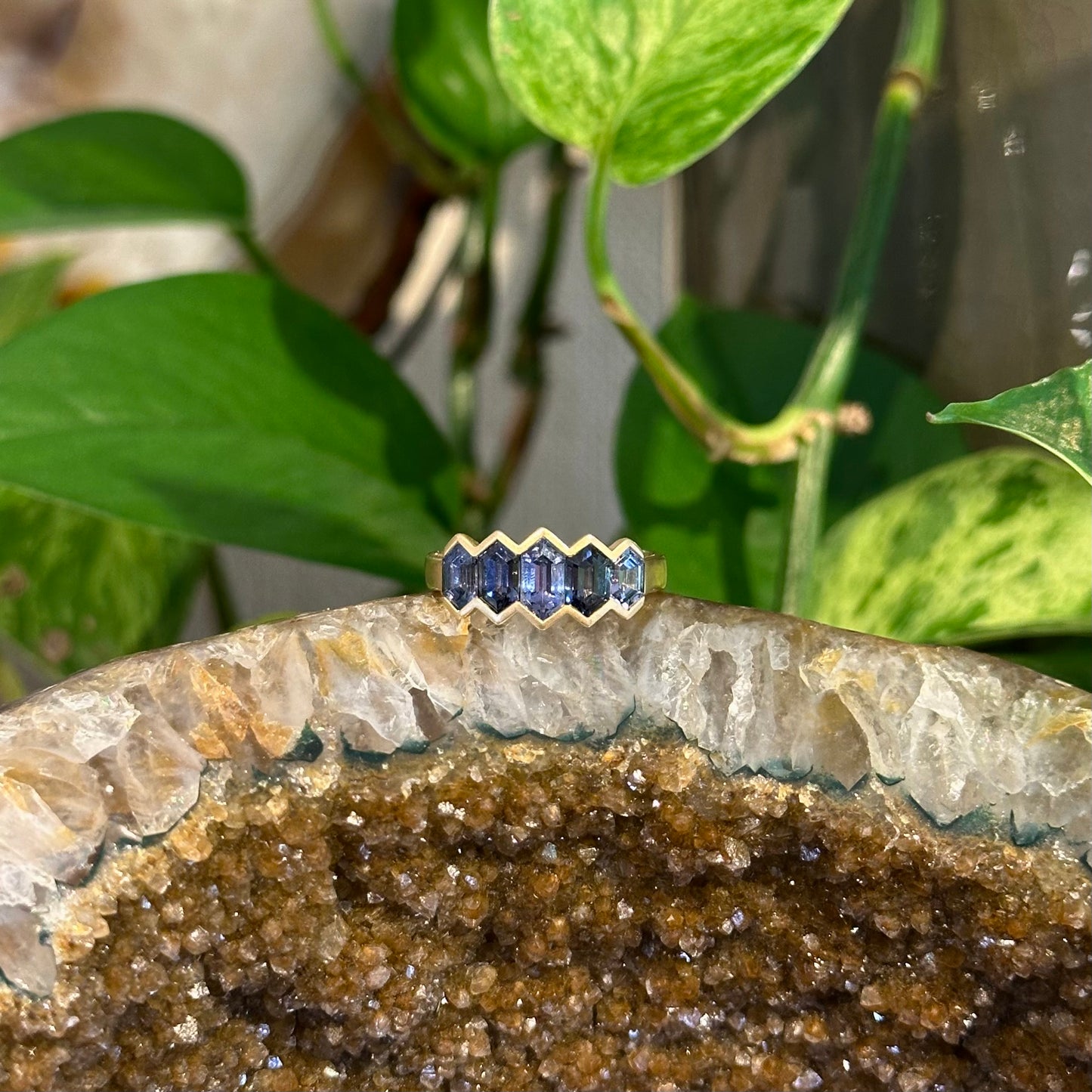 Grey Spinel Five Stone Hex Ring