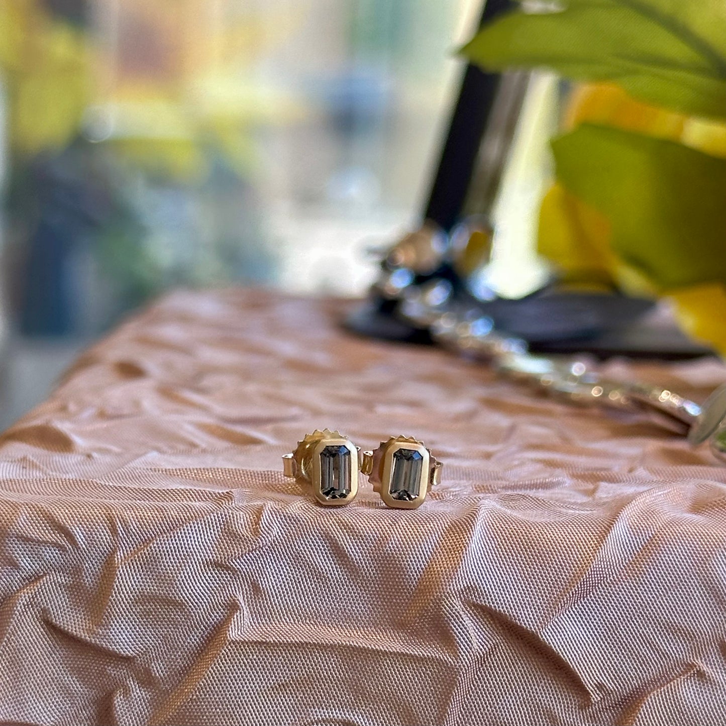 Emerald Cut Grey Spinel Stud