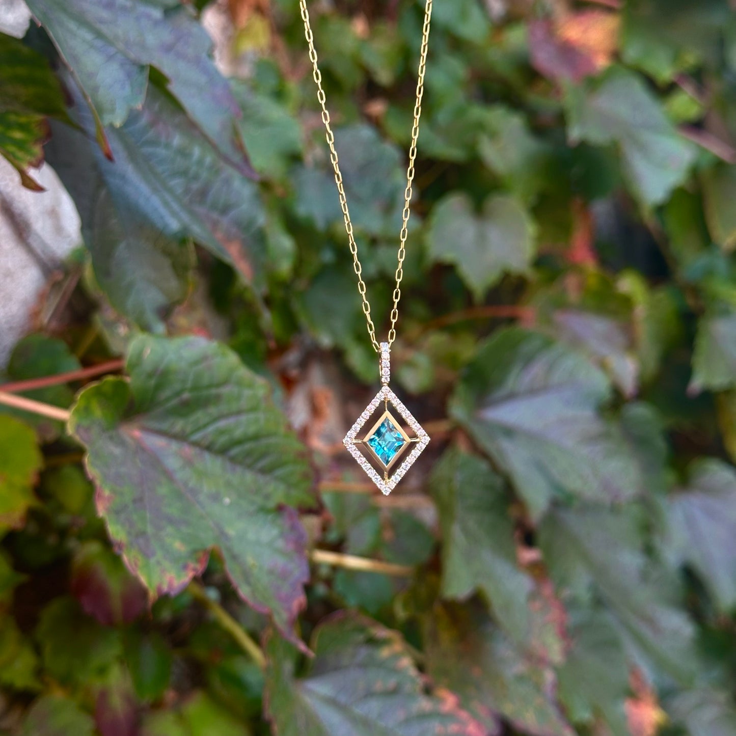 Blue Zircon Kite Pendant with Diamond Halo