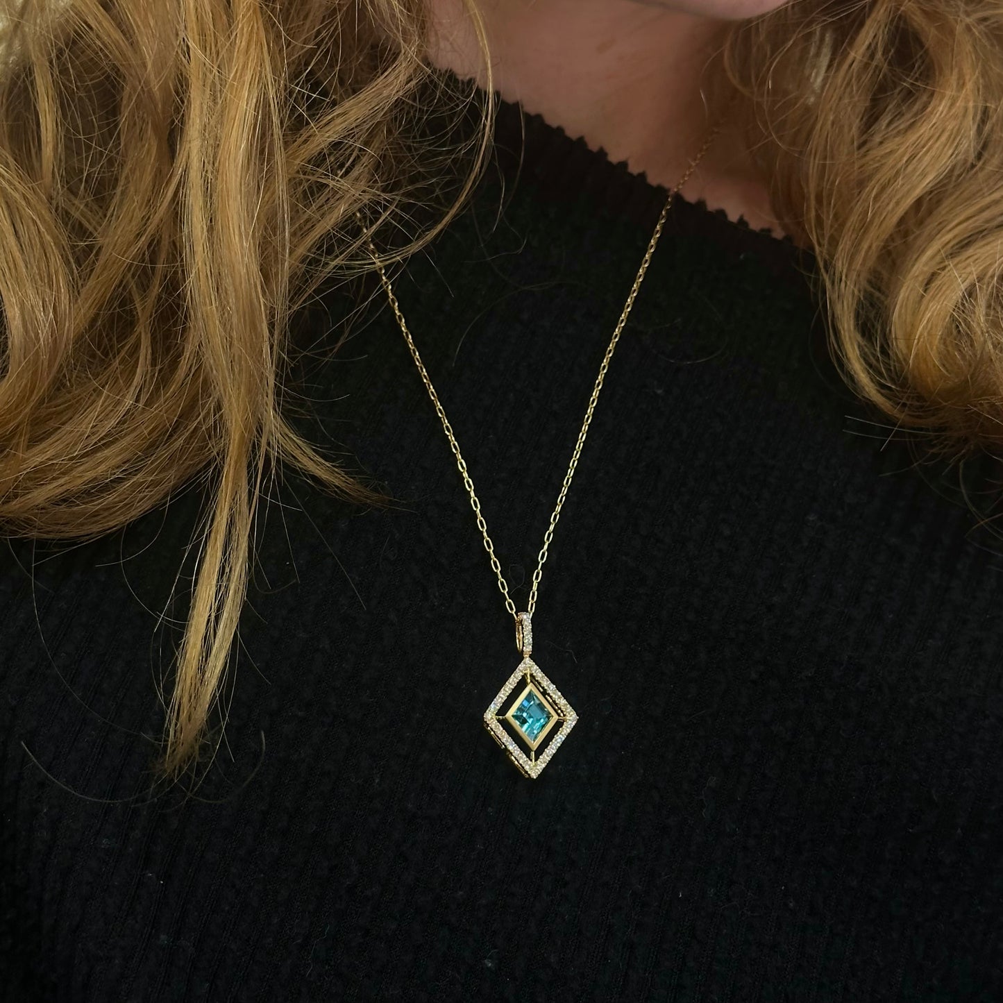 Blue Zircon Kite Pendant with Diamond Halo