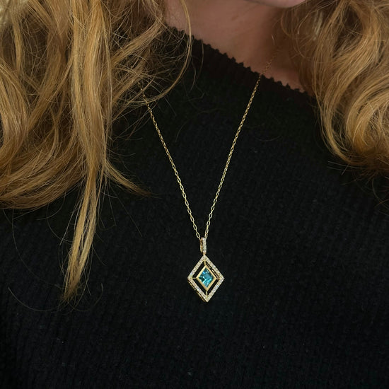 Blue Zircon Kite Pendant with Diamond Halo