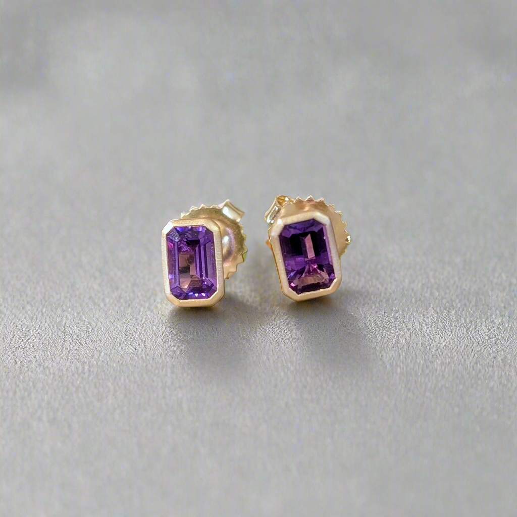 Amethyst Emerald Cut Studs