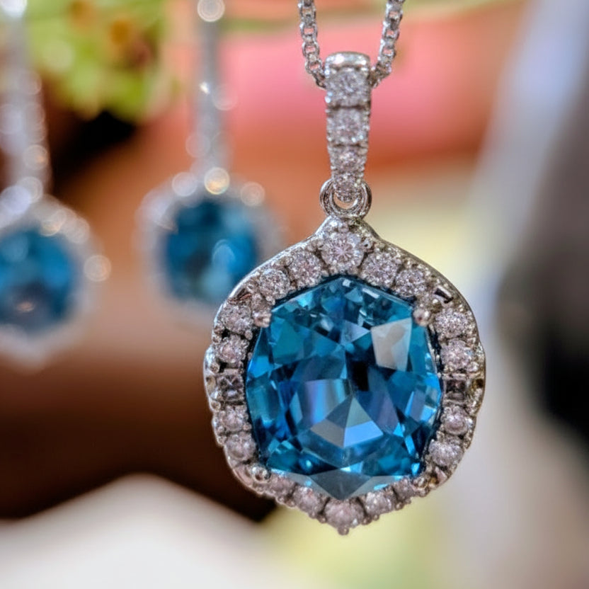 Blue Zircon Diamond Halo Pendant