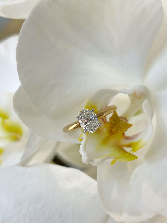 Photo of 0.90ct Oval Solitaire in a decorative scene, designed by , available at Plumb Gold & Plumb Silver