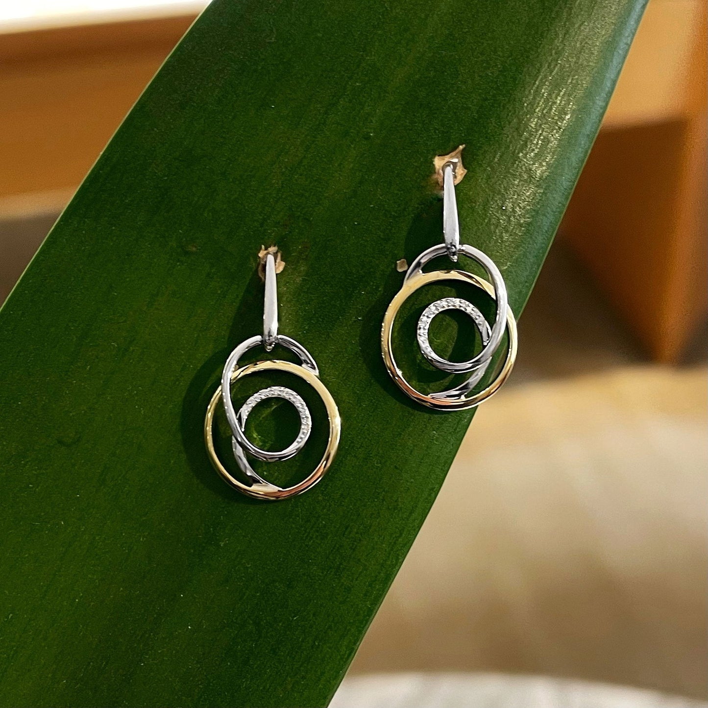 Photo of Breuning Diamond Circle Dangles in a decorative scene, designed by , available at Plumb Gold & Plumb Silver