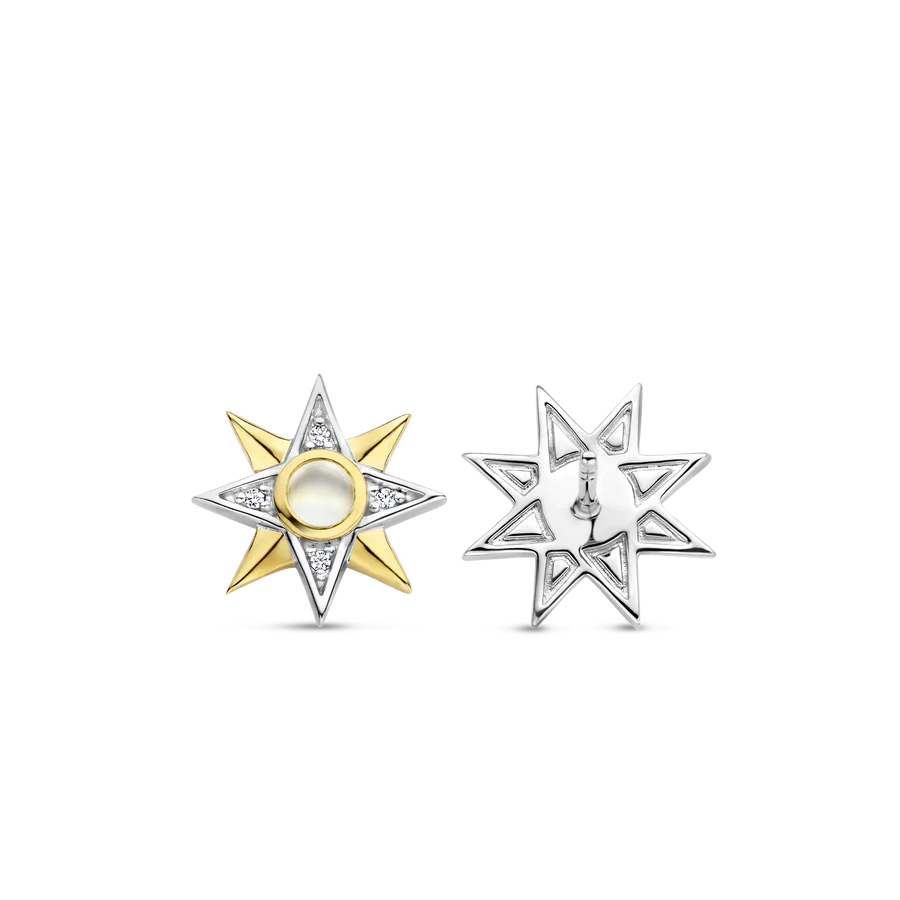 Photo of Celestial Stud Earring in a decorative scene, designed by , available at Plumb Gold & Plumb Silver