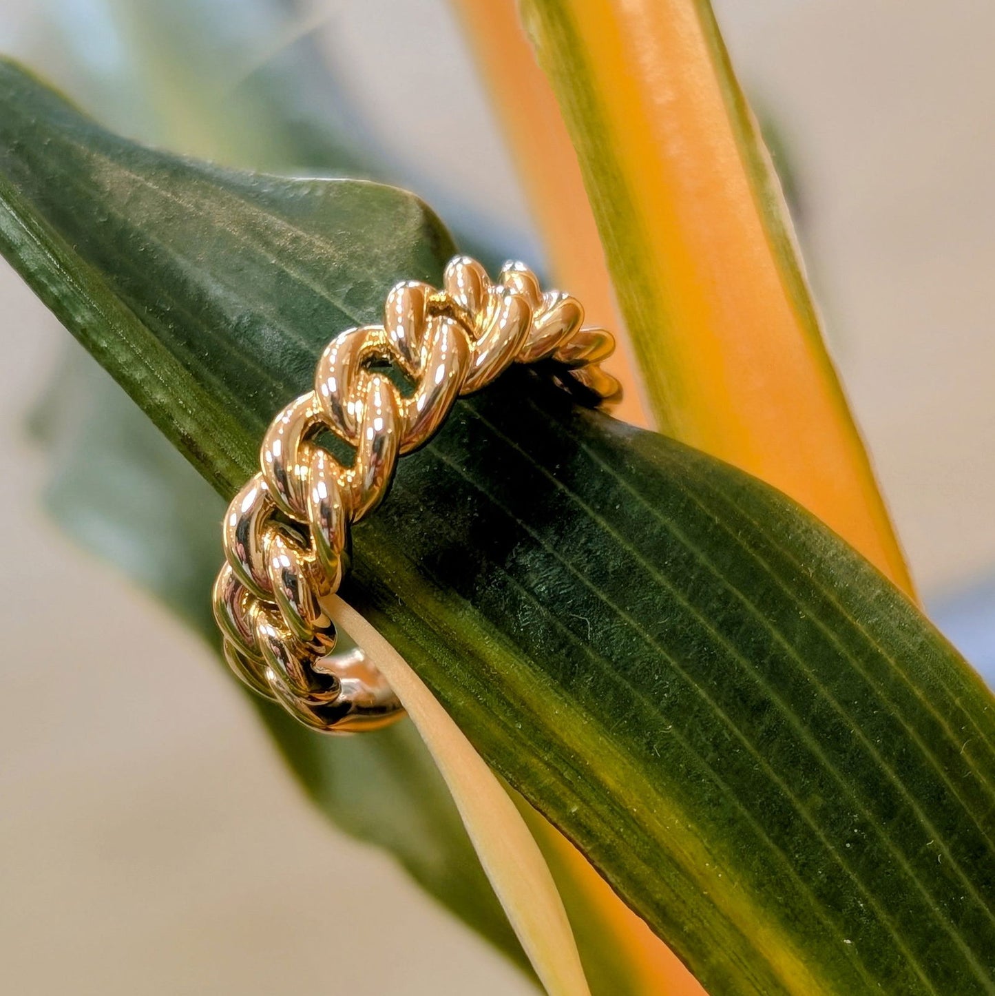 Photo of Chain Link Ring in a decorative scene, designed by , available at Plumb Gold & Plumb Silver