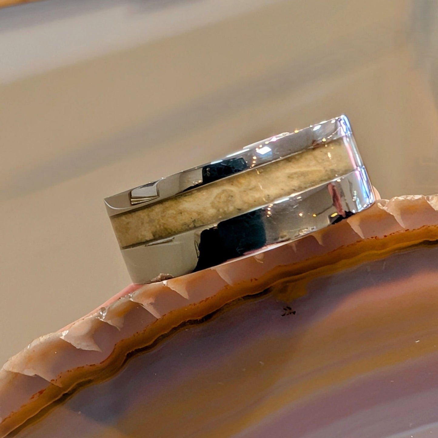 Photo of Cobalt Chrome and Burl Wood Band in a decorative scene, designed by -, available at Plumb Gold & Plumb Silver