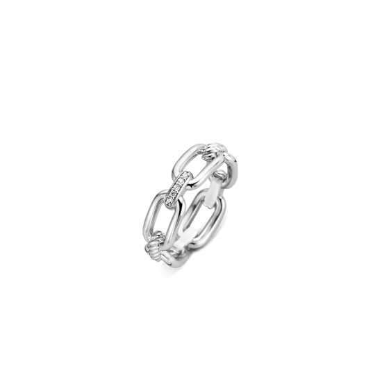 Photo of Cubic Zirconia Chain Link Ring in a decorative scene, designed by , available at Plumb Gold & Plumb Silver