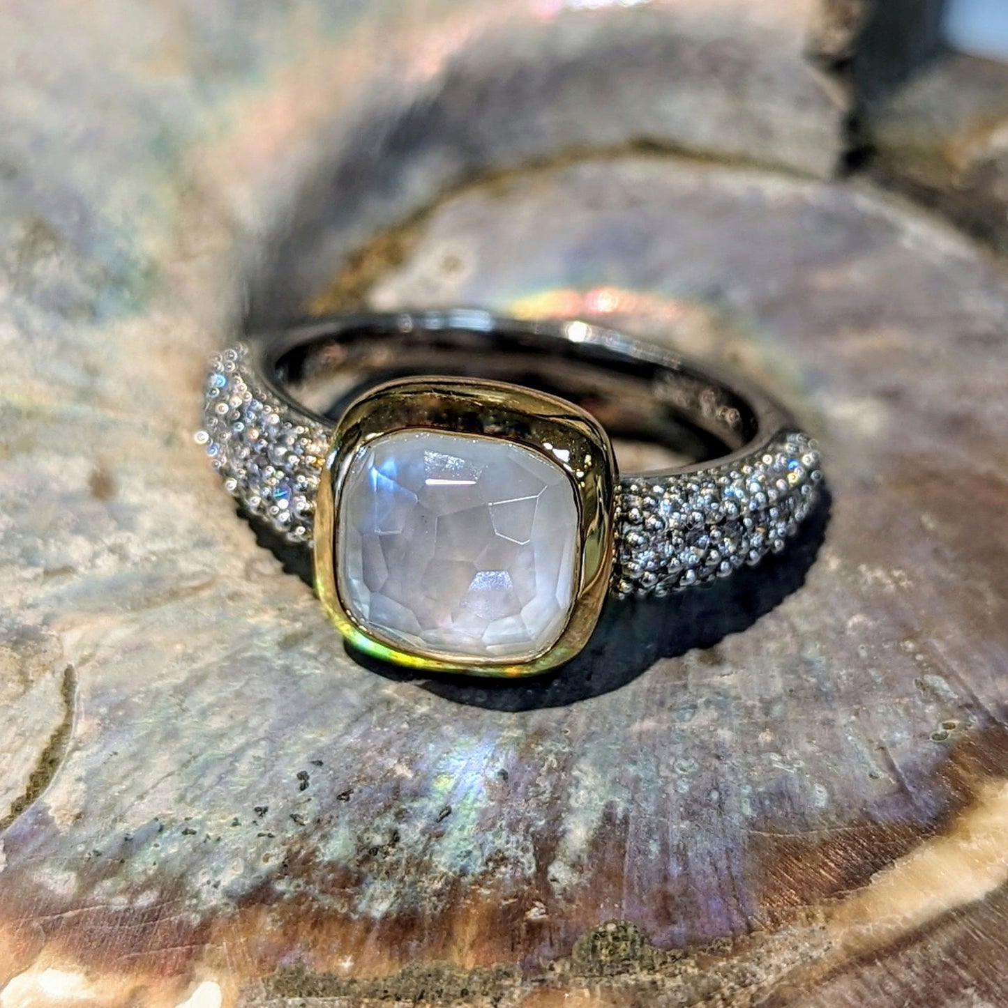 Photo of Cubic Zirconia Halo Bezel Ring in a decorative scene, designed by , available at Plumb Gold & Plumb Silver