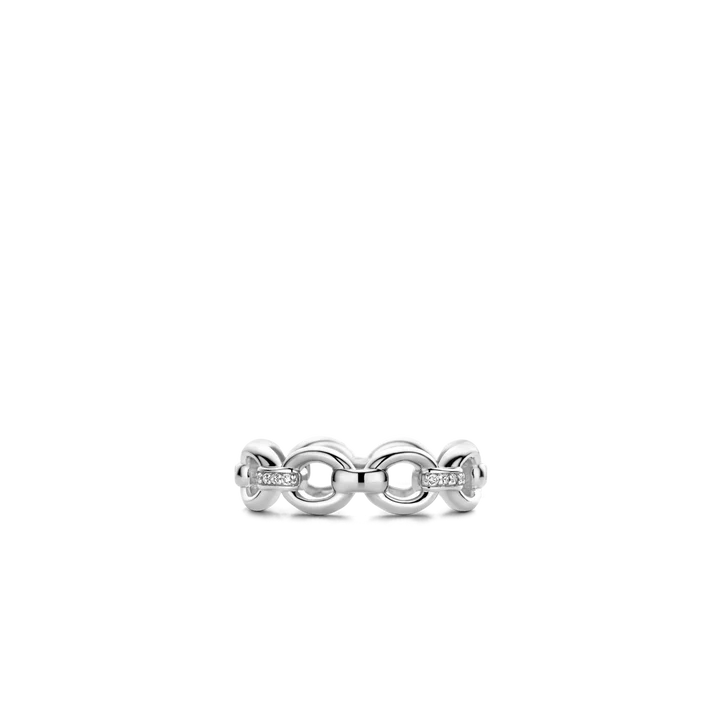 Photo of Cubic Zirconia Link Ring in a decorative scene, designed by , available at Plumb Gold & Plumb Silver