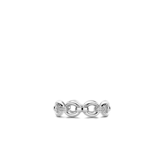 Photo of Cubic Zirconia Link Ring in a decorative scene, designed by , available at Plumb Gold & Plumb Silver