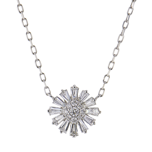 Photo of Diamond Burst Necklace in a decorative scene, designed by , available at Plumb Gold & Plumb Silver