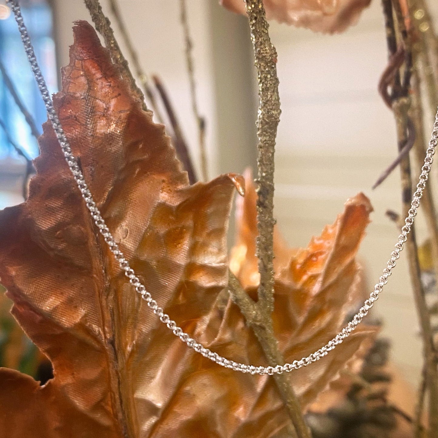 Photo of Diamond Cut Silver Chain in a decorative scene, designed by -, available at Plumb Gold & Plumb Silver