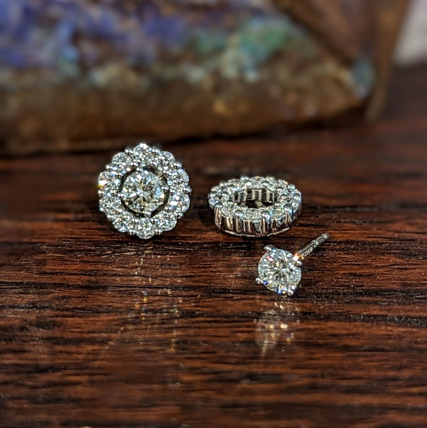 Photo of Diamond Earring Jackets in a decorative scene, designed by , available at Plumb Gold & Plumb Silver