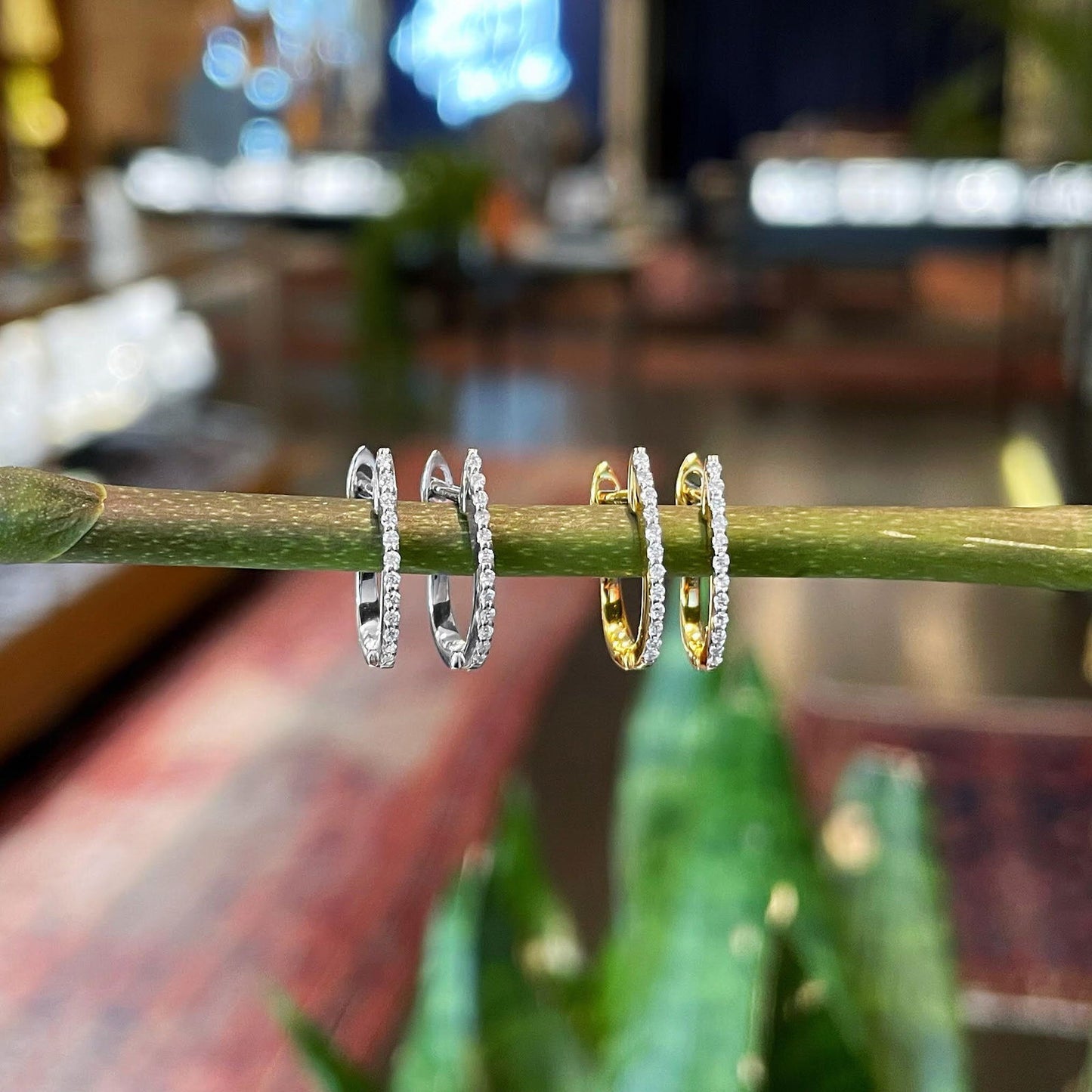 Photo of Diamond Huggie Earring in a decorative scene, designed by , available at Plumb Gold & Plumb Silver
