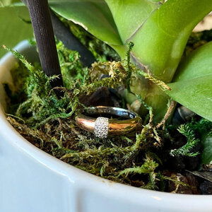 Photo of Domed Cubic Zirconia Ring in a decorative scene, designed by , available at Plumb Gold & Plumb Silver