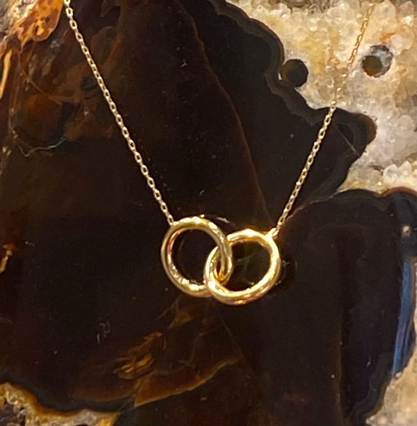 Photo of Double Circle Necklace in a decorative scene, designed by , available at Plumb Gold & Plumb Silver