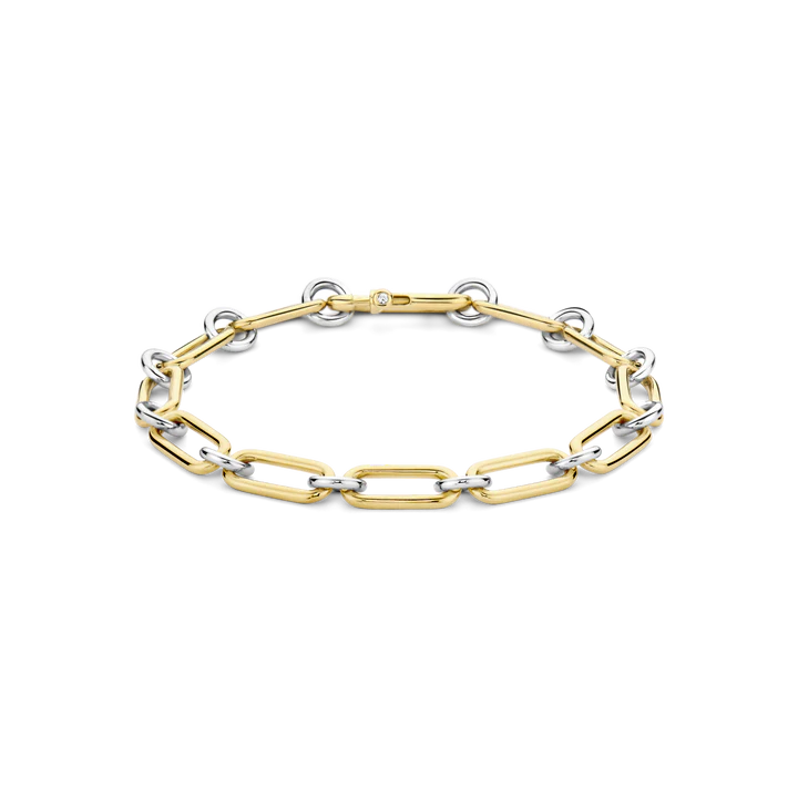 Photo of Elongated Link Two Tone Bracelet in a decorative scene, designed by -, available at Plumb Gold & Plumb Silver