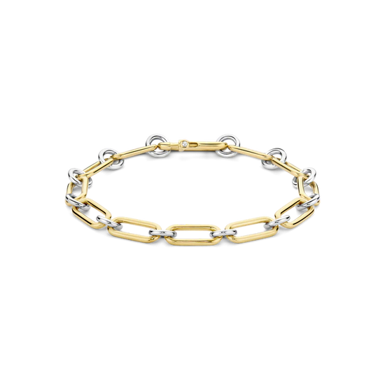 Photo of Elongated Link Two Tone Bracelet in a decorative scene, designed by -, available at Plumb Gold & Plumb Silver