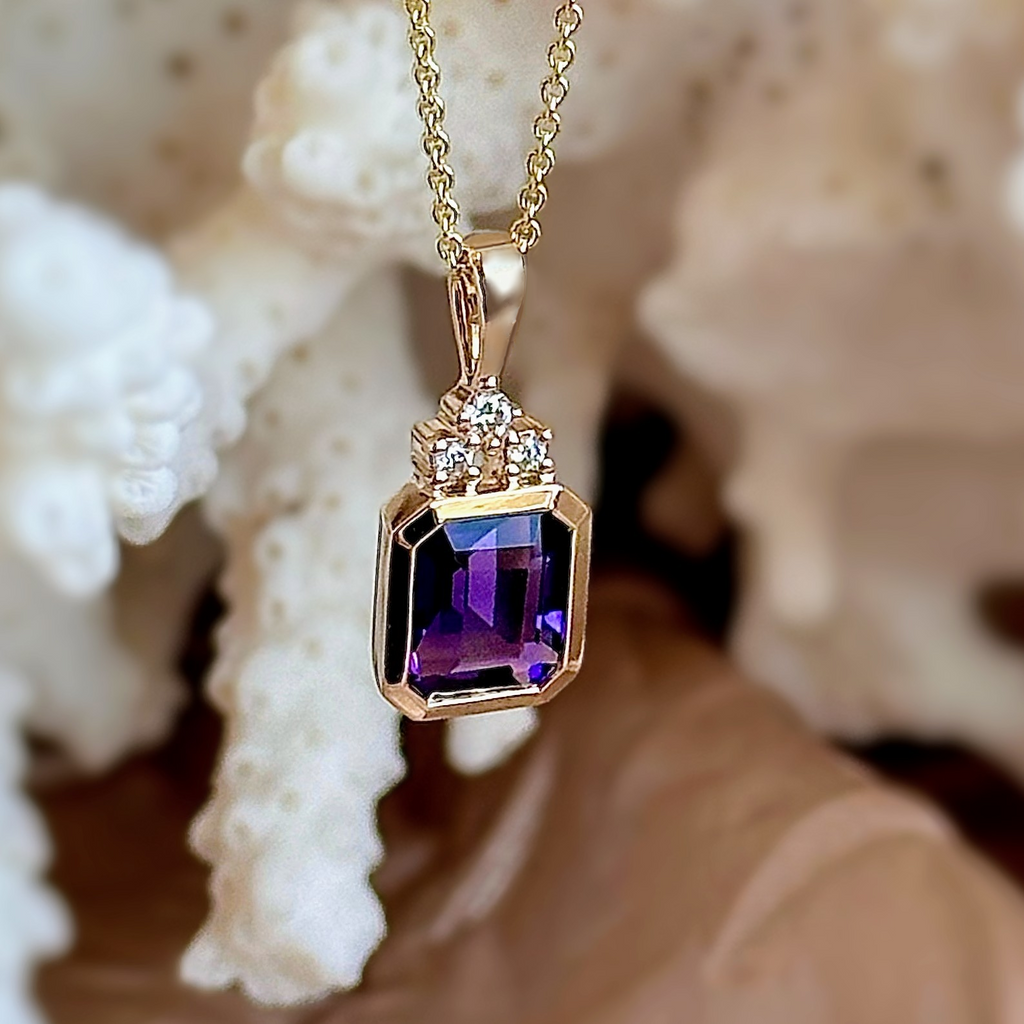 Emerald Cut Amethyst and Diamond Necklace Plumb Gold Plumb Silver