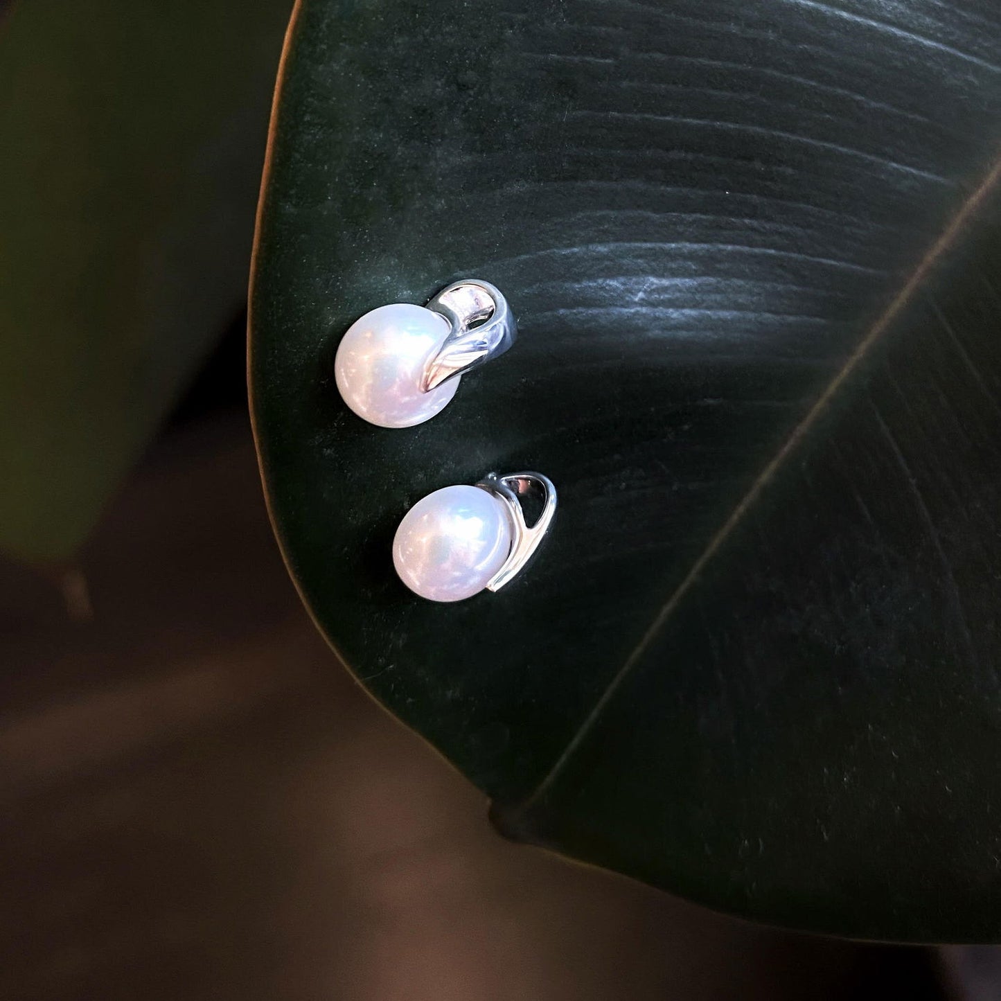 Photo of Freshwater Pearl Swirl Stud in a decorative scene, designed by , available at Plumb Gold & Plumb Silver