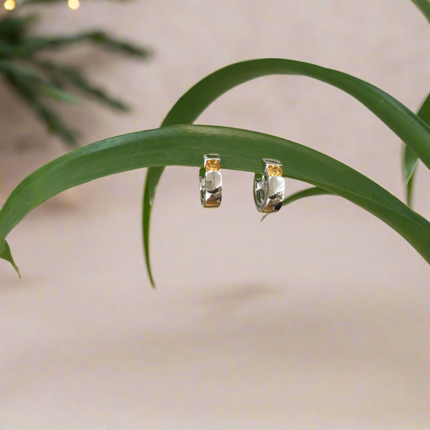 Photo of Gemstone Huggie Earrings in a decorative scene, designed by , available at Plumb Gold & Plumb Silver